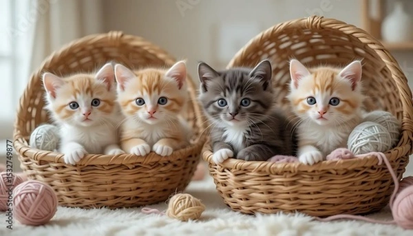 Fototapeta Four kittens in wicker baskets