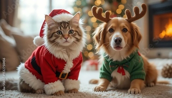 Obraz Cat and dog in Christmas costumes