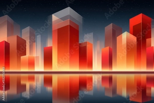 Fototapeta Abstract glowing cityscape with vivid red and orange hues reflected on water