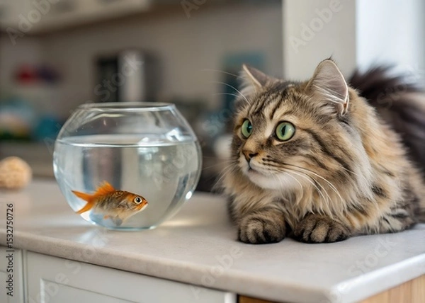 Fototapeta Curious fluffy cat observing goldfish in a glass bowl