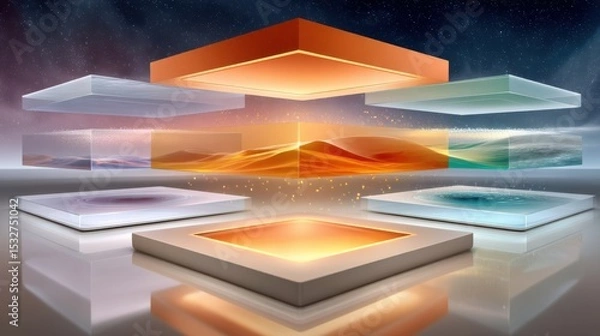 Fototapeta Abstract depiction of layered panels representing technology and natural elements