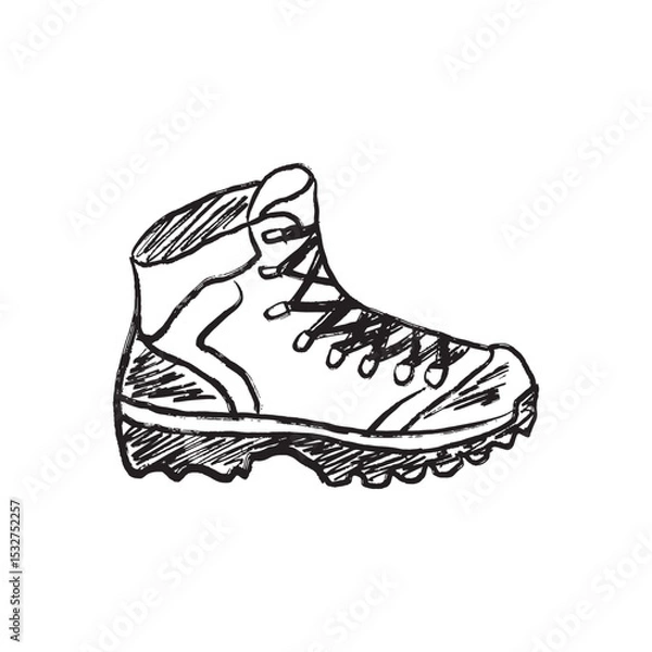 Fototapeta Hiking boot for outdoor walking, hiking, climbing, with support and protection in black brush stroke texture isolated on white. Hand drawn vector sketch illustration in vintage charcoal ink.