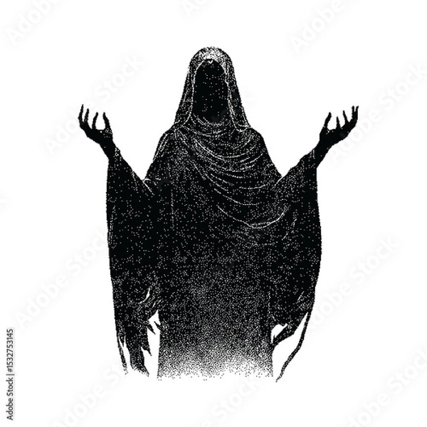 Fototapeta Monk with prayer hands Pixel art PNG. The pixels are scattered, dissolve. Vector monochrome style. Abstract random squares, background. Template. Monochrome style. PNG. Dark concept