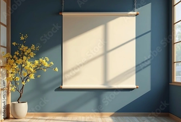 Obraz Blank Beige Canvas Mockup on Gray Wall with Sunlight and Branch.