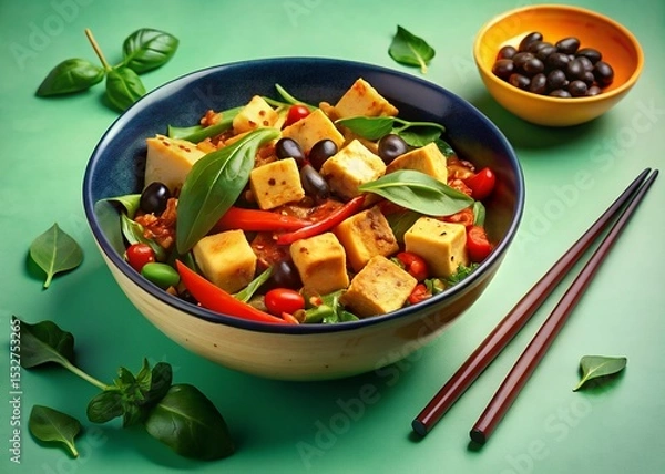 Fototapeta Delicious tofu stir fry with vegetables and olives