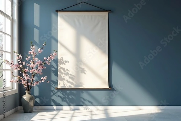 Fototapeta Blank Beige Canvas Mockup on Gray Wall with Sunlight and Branch.