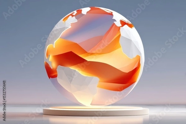 Fototapeta Low poly globe sculpture with warm orange and vibrant highlighted details