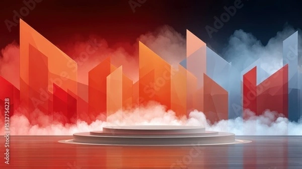 Fototapeta Abstract Futuristic Stage with Polygonal Elements and Atmospheric Mist