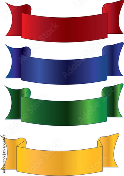 Fototapeta A Collection of Four Vibrant Curved Ribbon Banners in Red, Blue, Green, and Yellow for Design and Decoration Purposes.