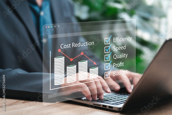 Fototapeta Management strategy plan, Cost optimization, Quality performance management concept, Businessman emphasize sets key points for business, Cost reduction, Budget control, Speed, Efficiency, High quality