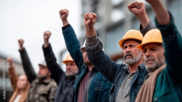 Fototapeta Group of Industrial Workers Protesting with Raised Fists – Labor Rights, Unity, Blue-Collar Solidarity, Activism, Social Justice, Power of the People