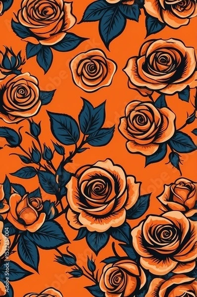 Obraz Roses on orange background cartoonish seamless pattern