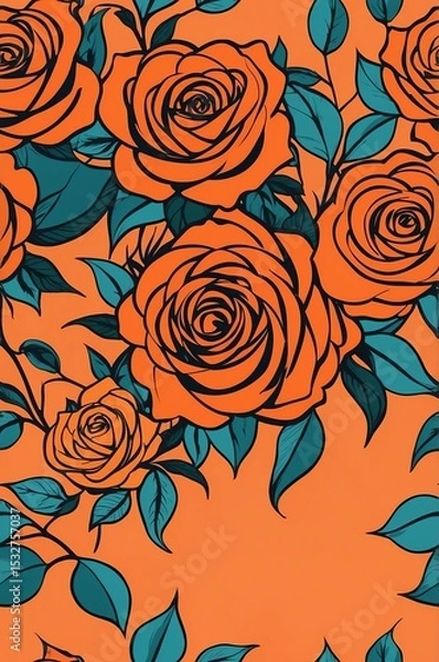 Obraz Roses on orange background cartoonish seamless pattern