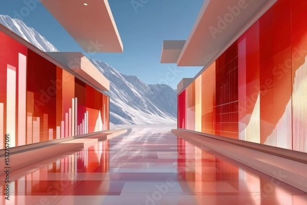 Fototapeta Futuristic corridor with vibrant red charts in a snowy mountainous landscape