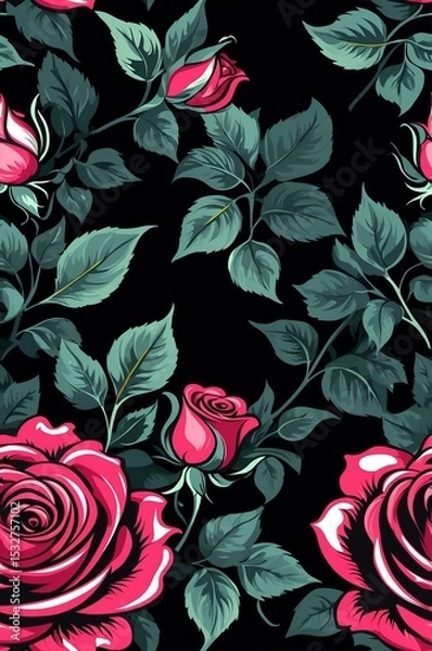 Obraz Roses on black background cartoonish seamless pattern