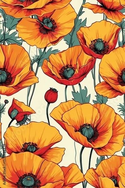 Obraz Poppies on yellow background cartoonish seamless pattern