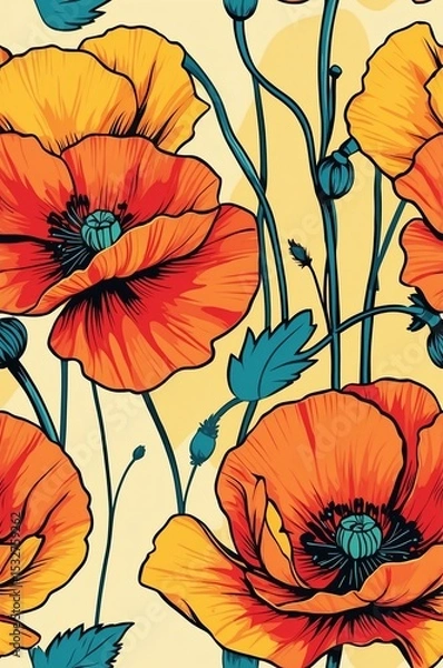 Obraz Poppies on yellow background cartoonish seamless pattern