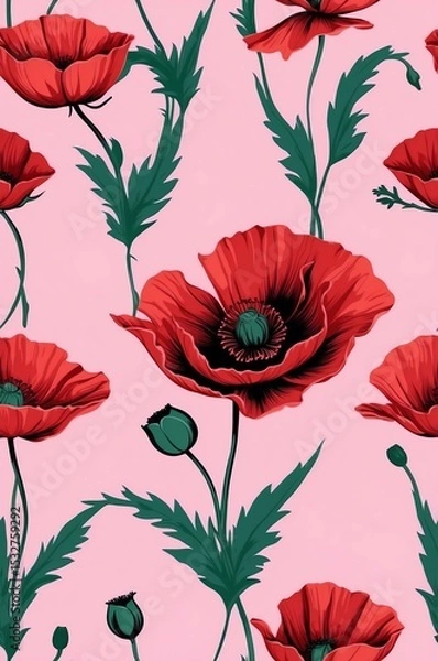 Obraz Poppies on pink background cartoonish seamless pattern