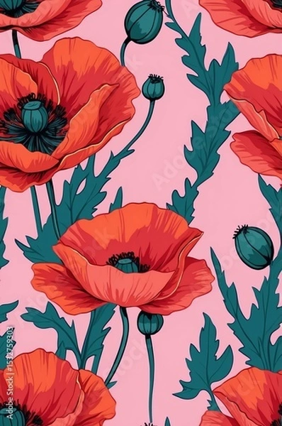 Obraz Poppies on pink background cartoonish seamless pattern
