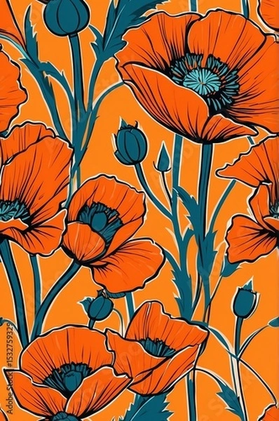 Obraz Poppies on orange background cartoonish seamless pattern