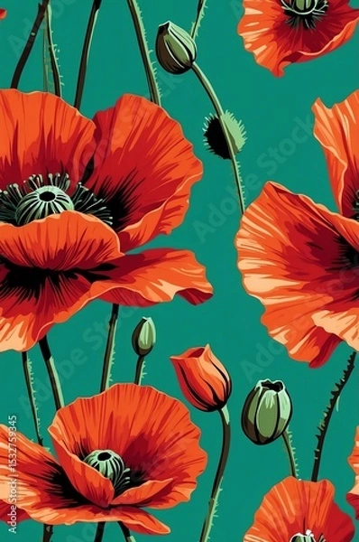 Obraz Poppies on green background cartoonish seamless pattern