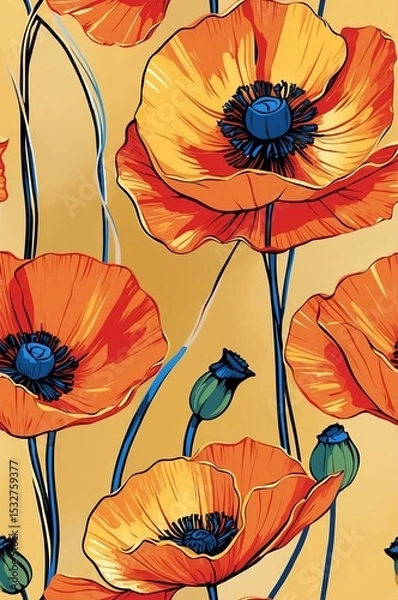 Obraz Poppies on gold background cartoonish seamless pattern