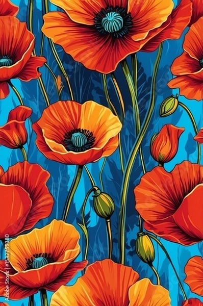Obraz Poppies on colorful background cartoonish seamless pattern