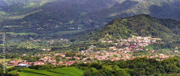 Obraz Le Morne-Rouge town panorama in Martinique, France as viewed from Mount Pelee. Le Morne-Rouge is a commune and town in the French overseas department and island of Martinique.