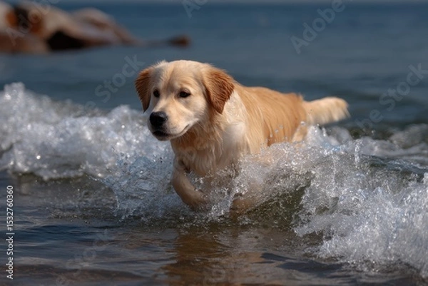 Fototapeta Golden Retriever Puppy Running Through Waves at the Beach, Representing Summer Fun and Pet Adoption : Generative AI