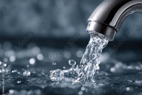 Fototapeta Water Flowing From Faucet in Macro Shot, Showcasing Cleanliness and Resource Management for Environmental Awareness Campaigns : Generative AI