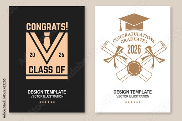 Fototapeta Set of posters and banners for class of 2026 graduation. Vector. Congratulations graduates banner sticker card with academic hat for high school or college graduation