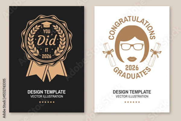 Fototapeta Set of posters and banners for class of 2026 graduation. Vector. Congratulations graduates banner sticker card with academic hat for high school or college graduation