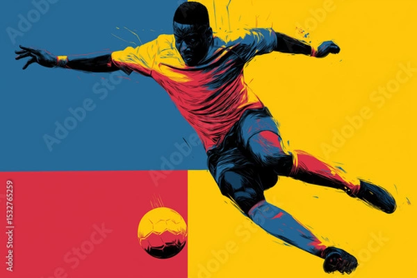 Fototapeta A vibrant vector-style illustration of a soccer player in motion, using flat colors, bold shapes, and minimal shadows on a bright, colorful background with high contrast and modern flair.