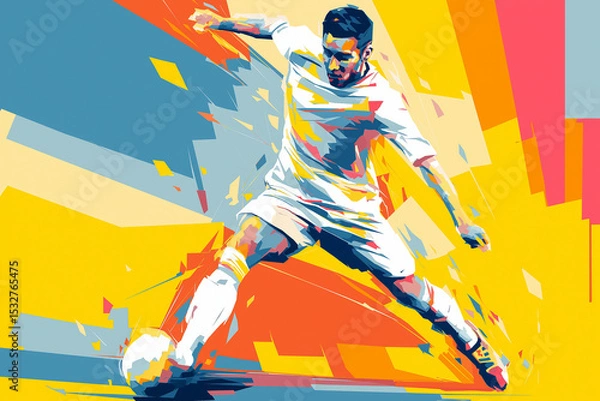 Fototapeta A vibrant vector-style illustration of a soccer player in motion, using flat colors, bold shapes, and minimal shadows on a bright, colorful background with high contrast and modern flair.