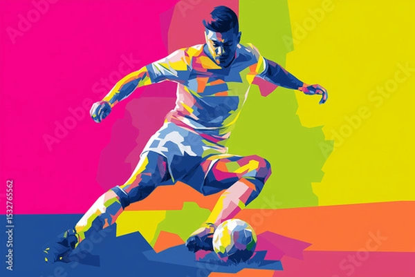 Fototapeta A vibrant vector-style illustration of a soccer player in motion, using flat colors, bold shapes, and minimal shadows on a bright, colorful background with high contrast and modern flair.