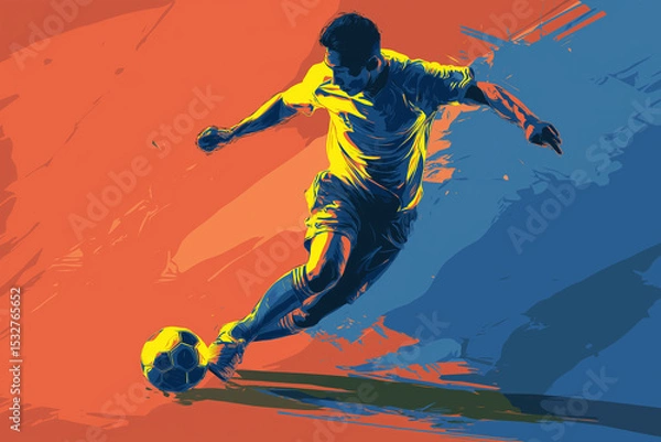 Obraz A vibrant vector-style illustration of a soccer player in motion, using flat colors, bold shapes, and minimal shadows on a bright, colorful background with high contrast and modern flair.