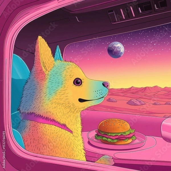 Fototapeta Happy Dog Enjoying a Hamburger in Colorful Rainbow Space