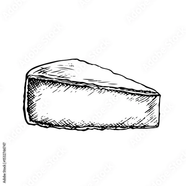 Fototapeta A piece of cheese camembert. Vector graphics, black and white hand-drawn illustrations. Isolate on a white background. For packages and labels. For banners and posters. For restaurant and bar menus.