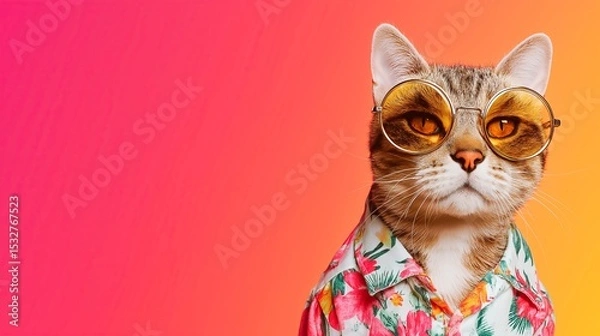 Fototapeta Cool Luxury Cat Wearing Sunglasses and Summer Outfit – Funny Pet Portrait, Stylish Vacation Mood, Summer Season Animal Concept, Isolated on Colorful Gradient Background