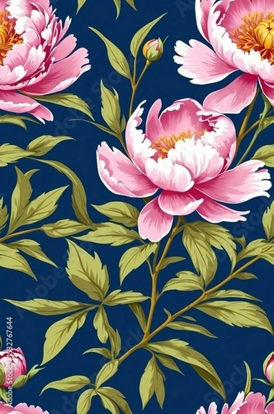 Obraz Peonies on blue background cartoonish seamless pattern