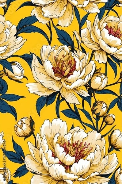 Obraz Peonies on yellow background cartoonish seamless pattern