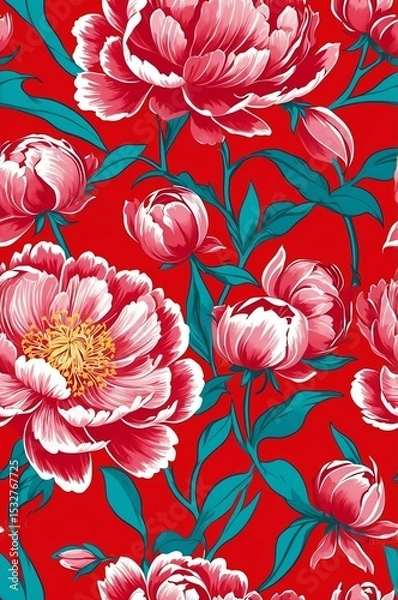 Obraz Peonies on red background cartoonish seamless pattern