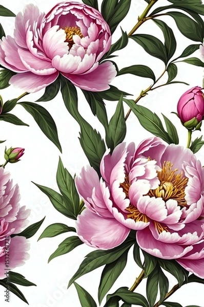Obraz Peonies on white background cartoonish seamless pattern