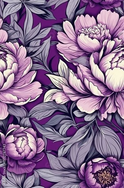 Obraz Peonies on purple background cartoonish seamless pattern