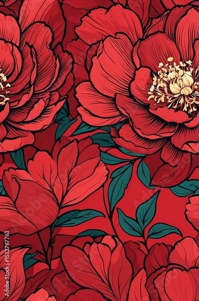 Obraz Peonies on red background cartoonish seamless pattern