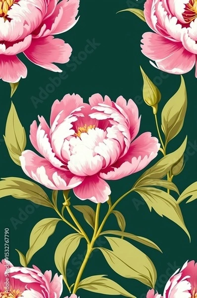 Obraz Peonies on green background cartoonish seamless pattern