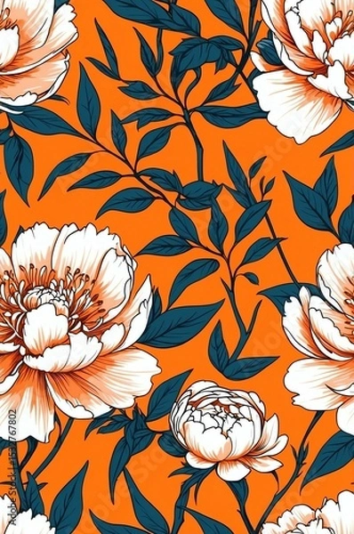 Obraz Peonies on orange background cartoonish seamless pattern