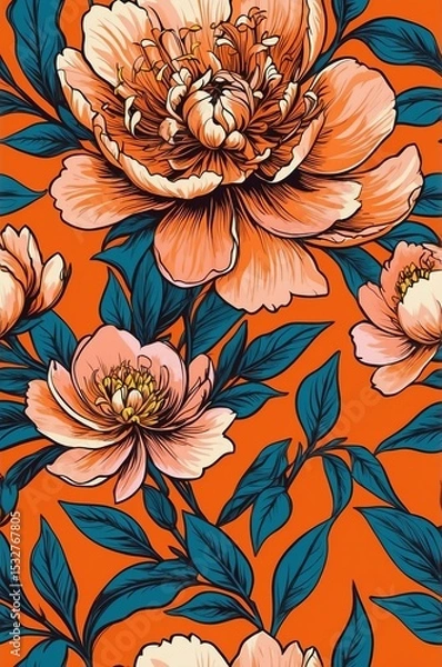 Obraz Peonies on orange background cartoonish seamless pattern