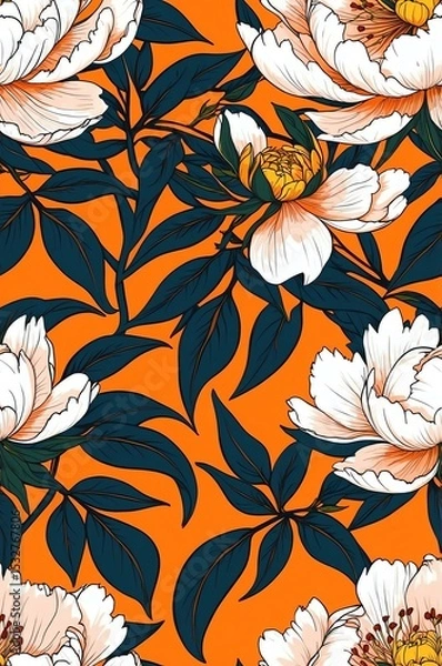 Obraz Peonies on orange background cartoonish seamless pattern