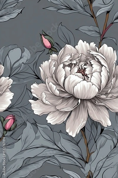 Obraz Peonies on gray background cartoonish seamless pattern